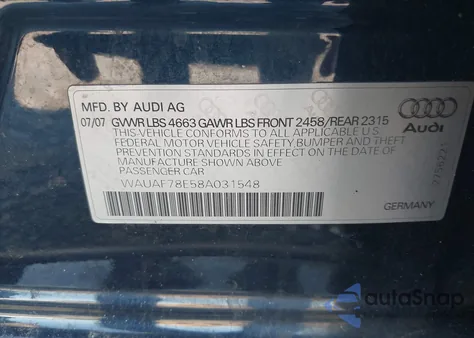2008 Audi A4 2.0T z USA, uszkodzony, nr VIN WAUAF78E58A031548